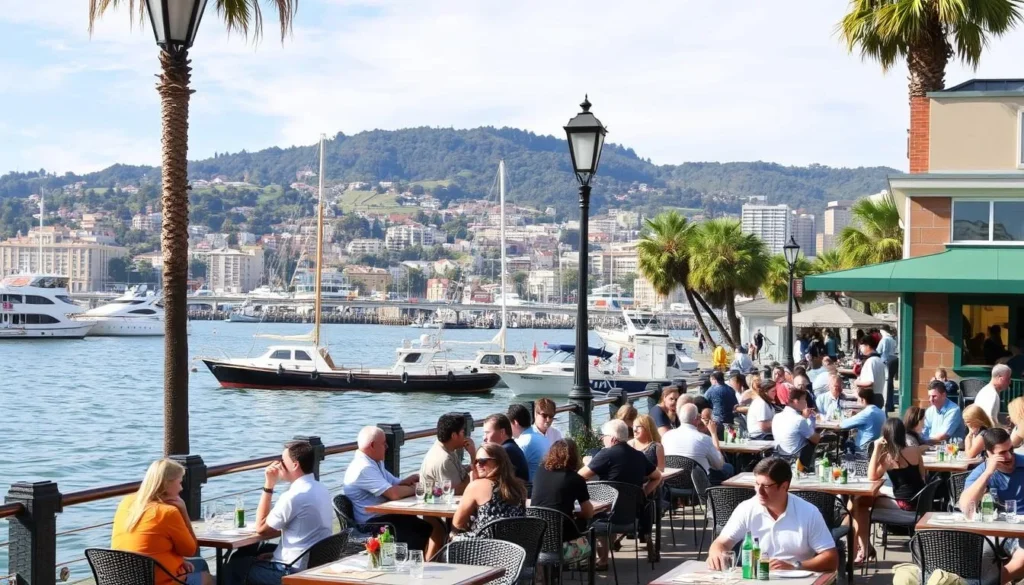 Image of Jack London Square waterfront with people dining and enjoying the views