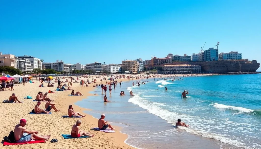 Image of Jaffa Beach with people relaxing and enjoying the Mediterranean views