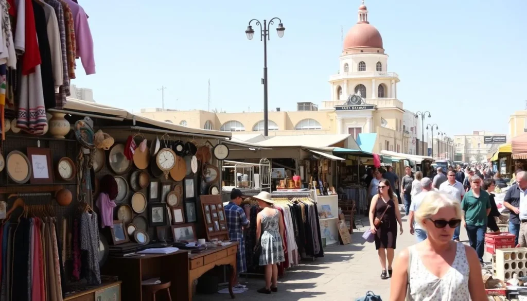 Image of Jaffa Flea Market stalls with various antique items and vintage clothing