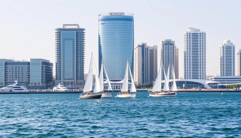 Image of Jeddah's waterfront with traditional sailboats and modern architecture
