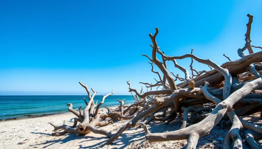 Image of Jekyll Island's Driftwood Beach with its unique driftwood formations and serene ocean views