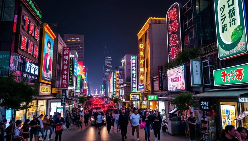 Image of Jiefangbei CBD at night with bright lights and bustling crowds
