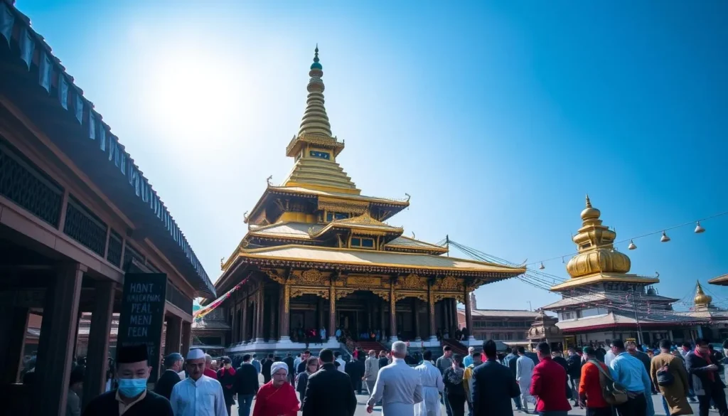Image of Jokhang Temple's golden roof and pilgrims circumambulating the temple