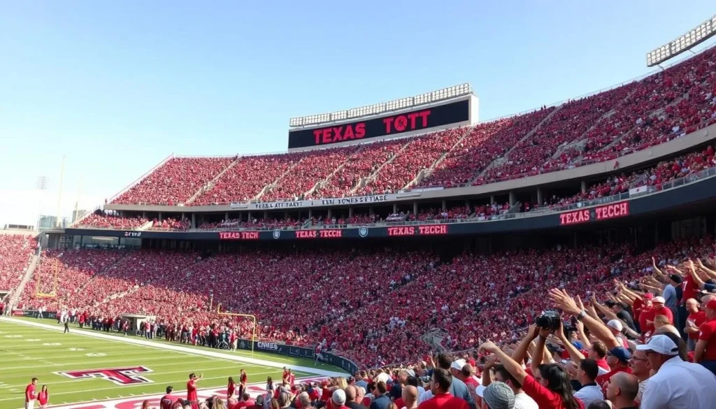 Image of Jones AT&T Stadium filled with fans cheering on the Texas Tech Red Raiders