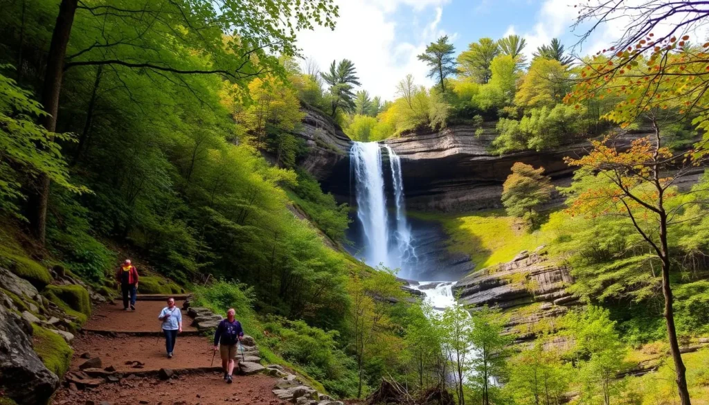 Image of Kaaterskill Falls with hikers on the trail