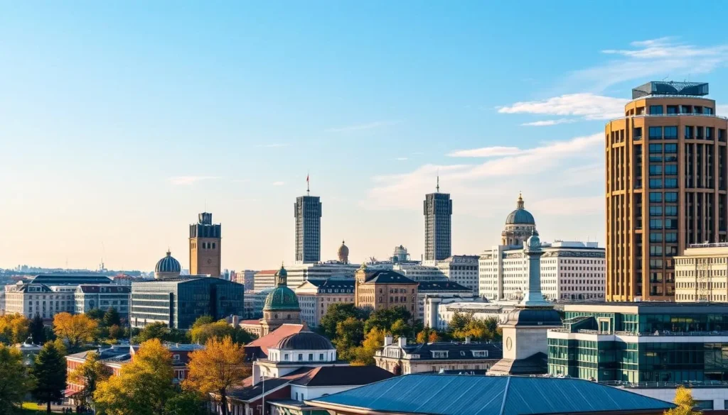 Image of Kaunas cityscape with a mix of modern and historical buildings