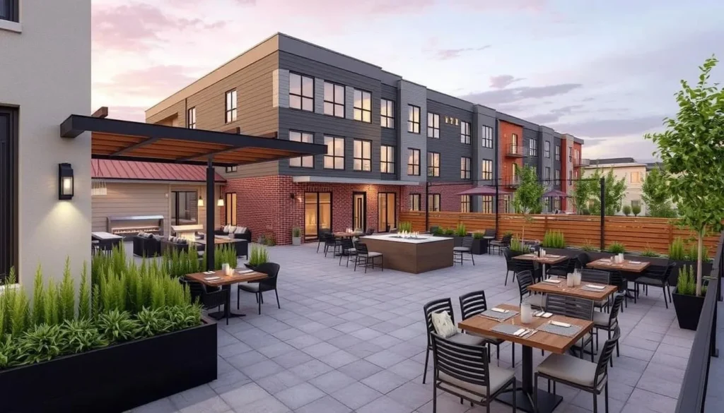 Image of Kendall Yards Spokane with modern urban living spaces and patio dining