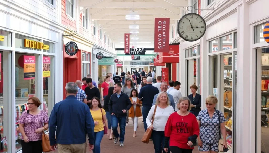 Image of Kittery Outlets with shoppers browsing through stores.