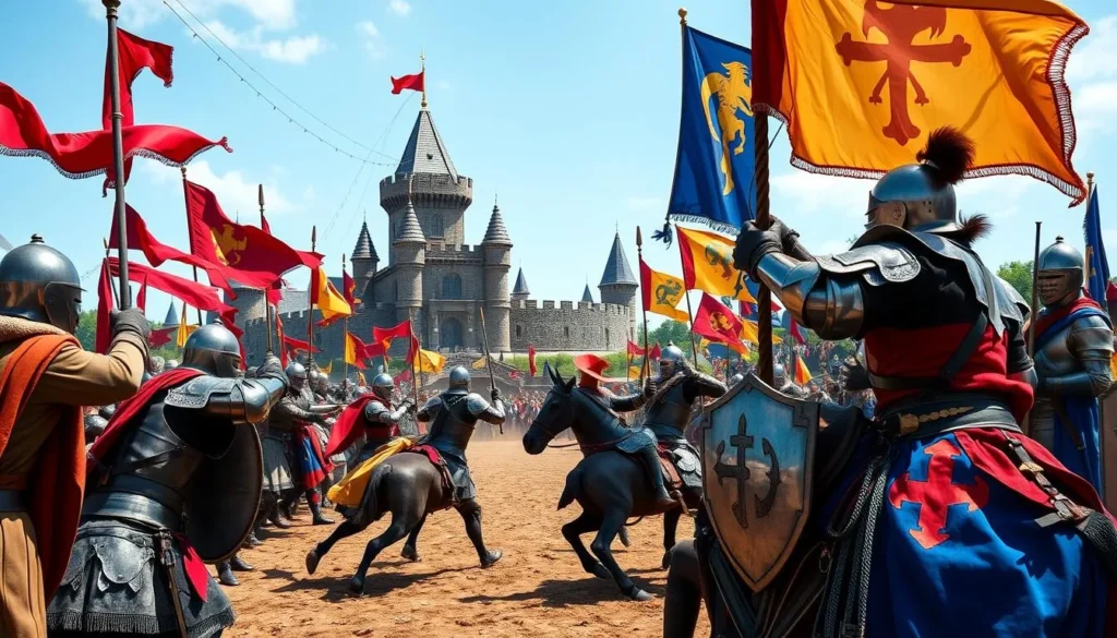 Image of Kryal Castle with knights jousting