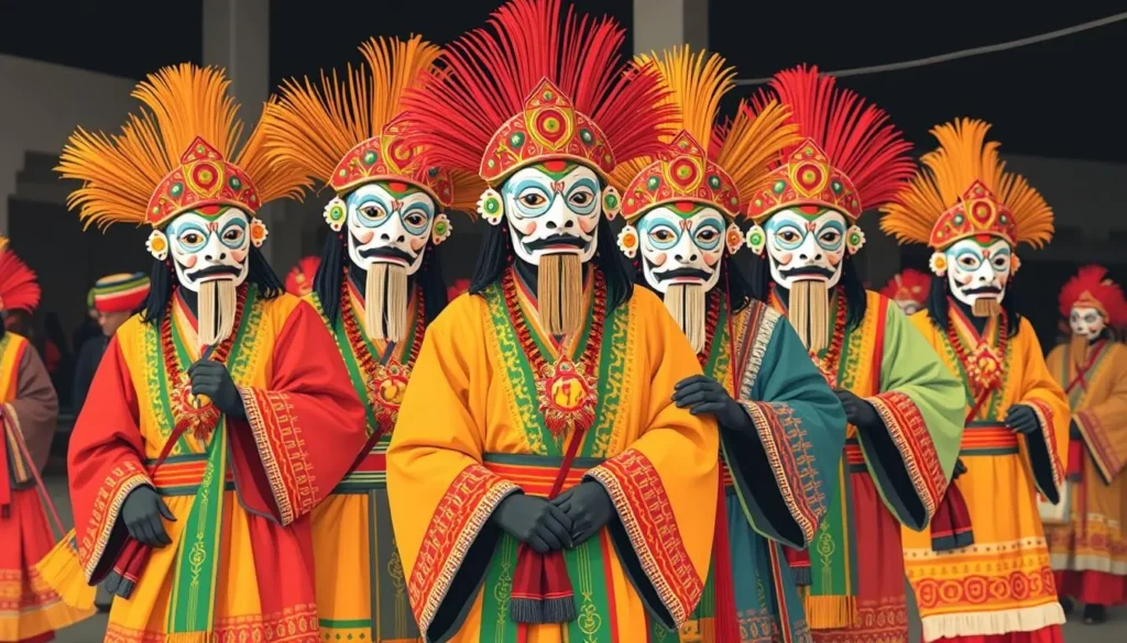 Image of Kukeri participants in traditional costumes and masks