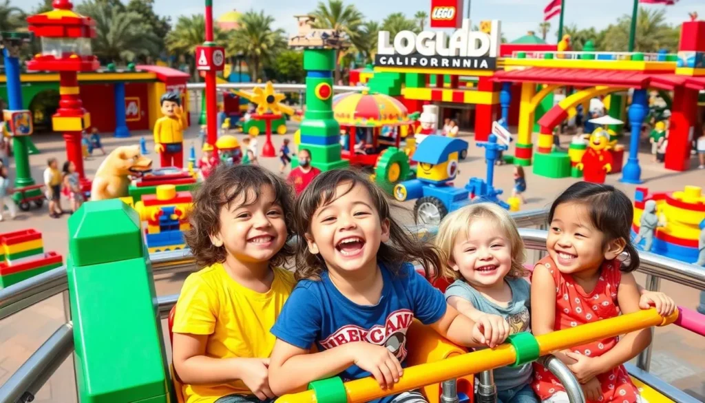 Image of LEGOLAND California theme park with kids enjoying rides