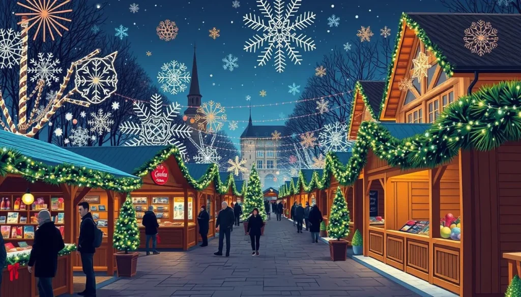 Image of La Défense Christmas market with sparkling lights and chalets