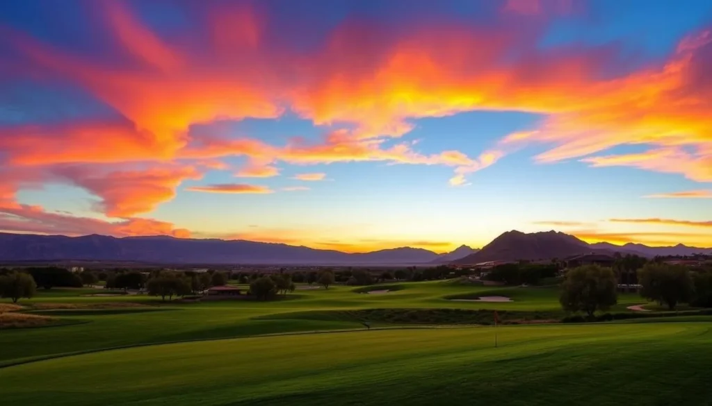 Image of La Paz Golf Club at sunset with the Andean landscape in the background