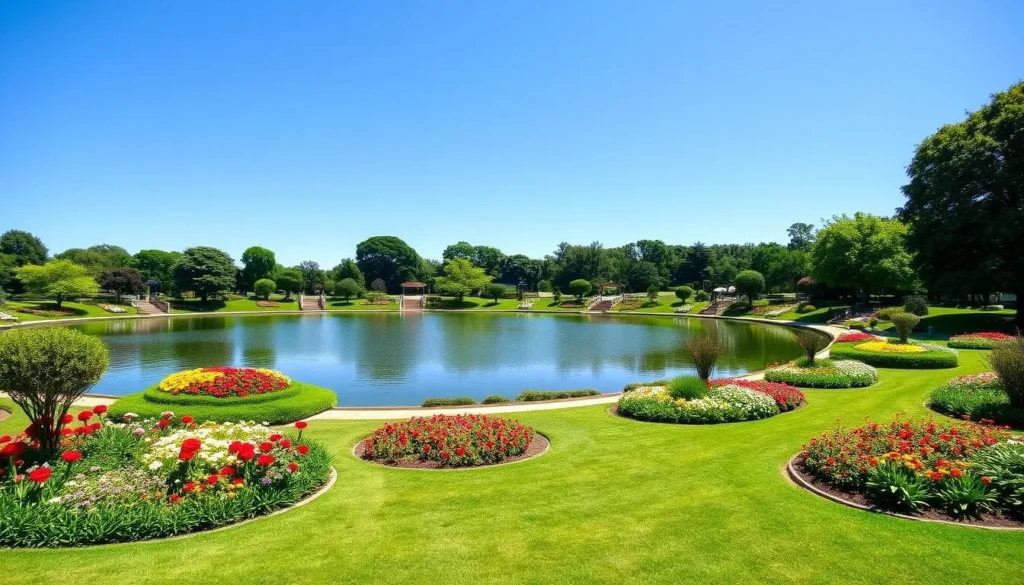 Image of Labor Park's serene lake and beautifully landscaped gardens