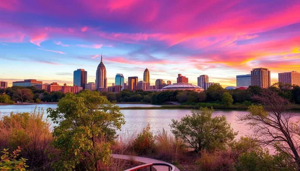 Image of Lady Bird Lake with the Ann and Roy Butler Hike-and-Bike Trail and downtown Austin skyline in the background