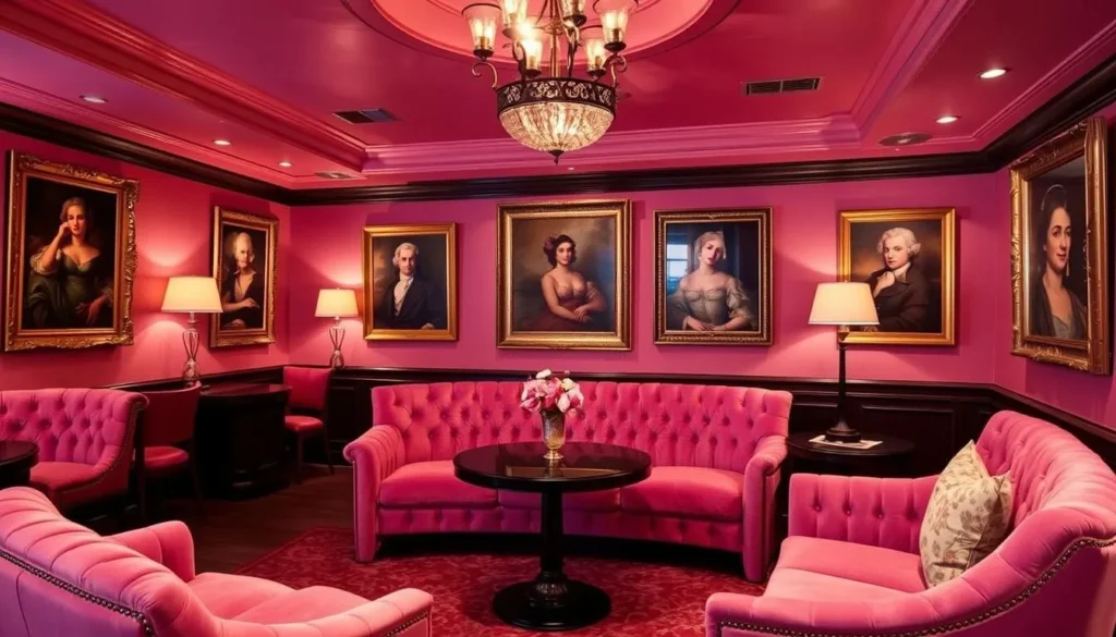 Image of Ladyfinger Lounge's interior with pink velvet seating and antique portraits.