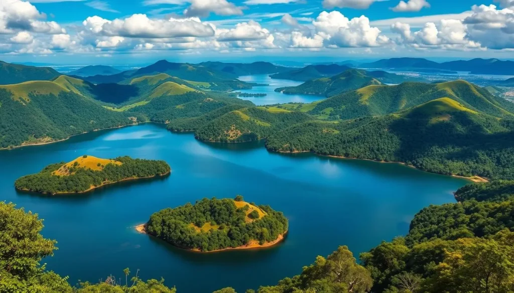 Image of Lake Bunyonyi with islands and lush green hills