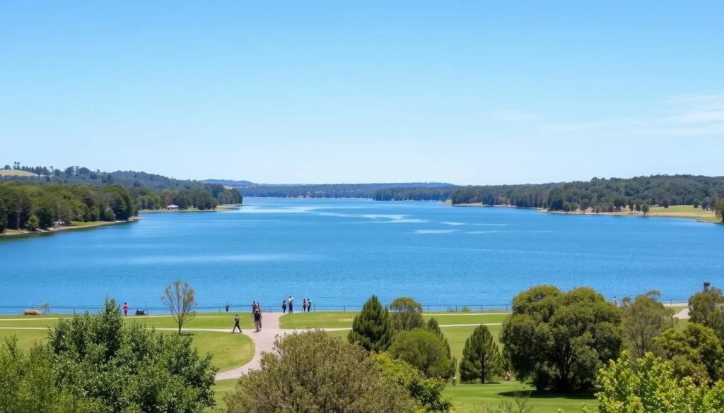 Image of Lake Burley Griffin with people walking and cycling around it
