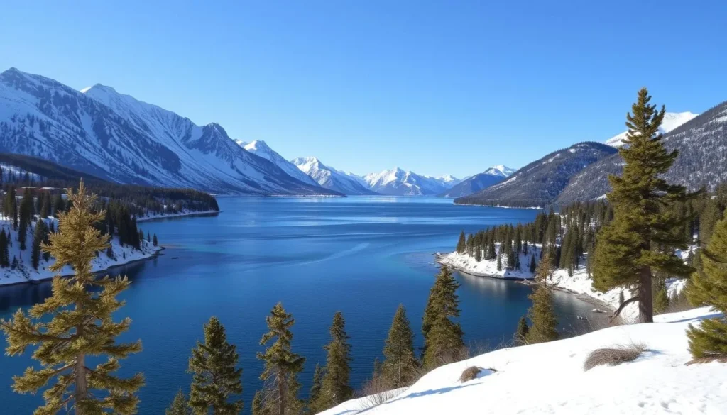 Image of Lake Tahoe with snow-capped mountains and crystal-clear waters
