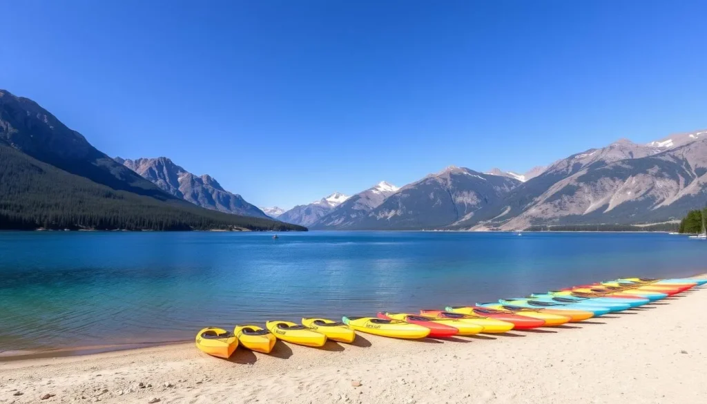 Image of Lake Willoughby with kayaks on the shore and mountains in the background
