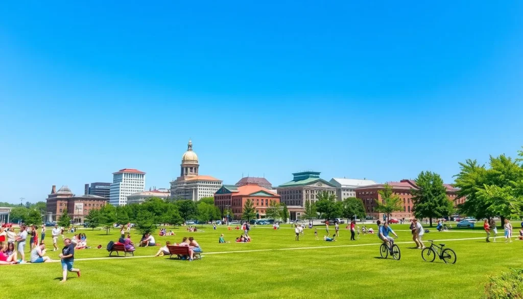 Image of Lansing, Michigan, during summer with people enjoying outdoor activities
