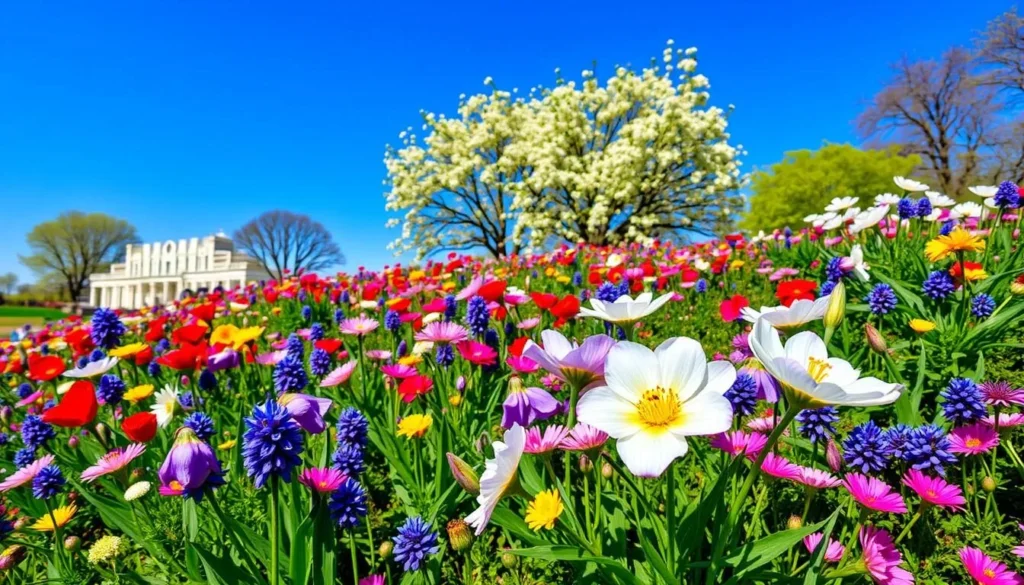 Image of Lansing during spring with blooming flowers and greenery