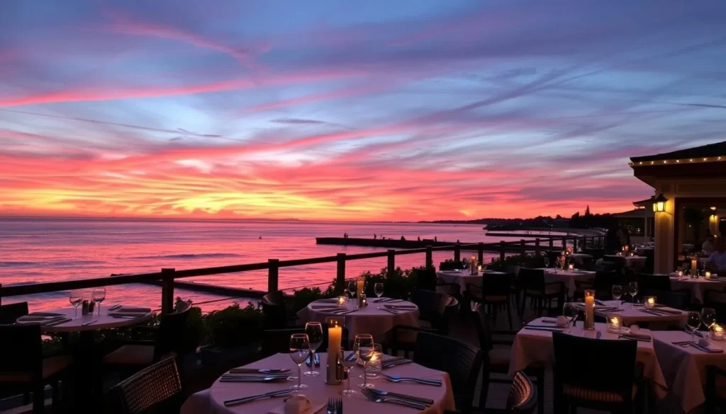 Image of Larsen restaurant's oceanfront patio at sunset