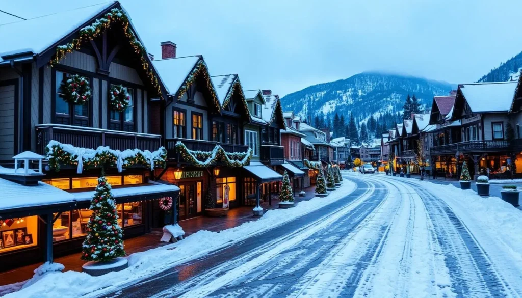 Image of Leavenworth during Christmas with snow and decorations
