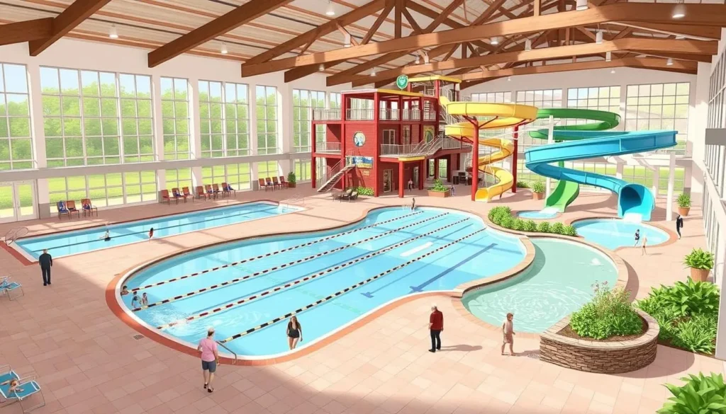 Image of Legacy Center Indoor Pool with lap pool, lazy river, and water slides