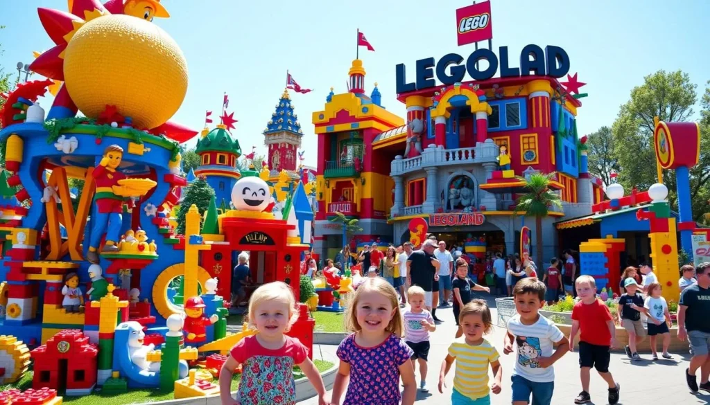 Image of Legoland New York with colorful Lego models and happy children