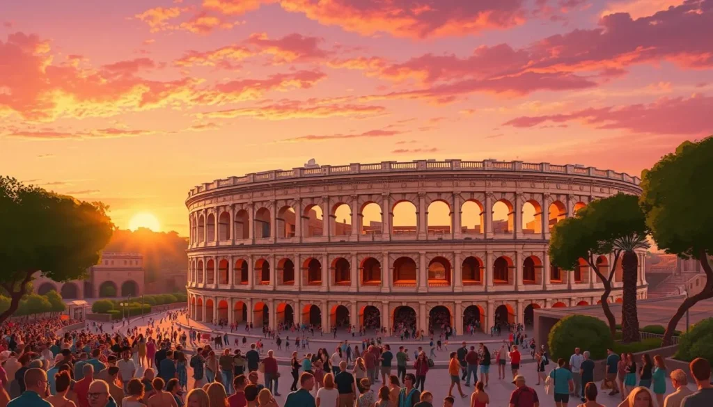 Image of Les Arènes de Nîmes at sunset with a crowd of people