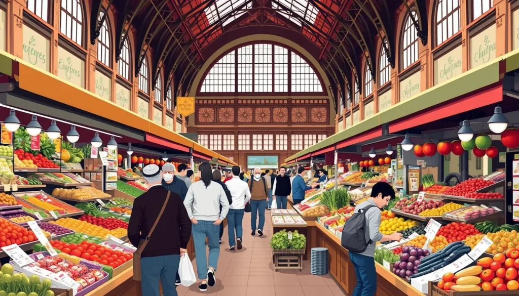 Image of Les Halles Vauban with vendors selling fresh produce and local delicacies