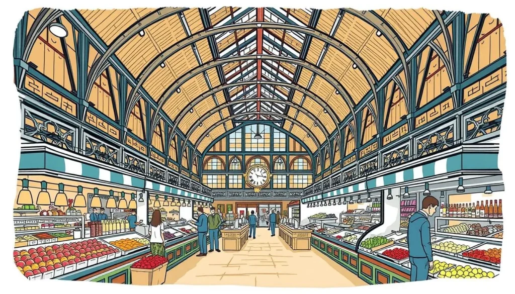 Image of Les Halles de Lyon - Paul Bocuse market hall with various food stalls.