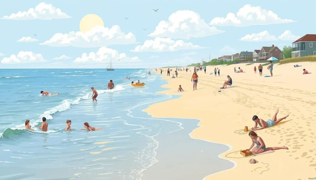 Image of Lewes Beach with families enjoying the calm waters and sandy shoreline