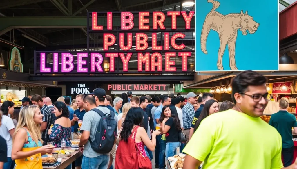 Image of Liberty Public Market San Diego with people enjoying food and art