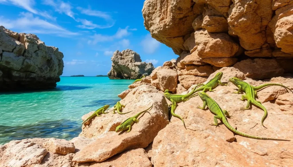 Image of Little Water Cay, showcasing its unique rock formations and iguana population.