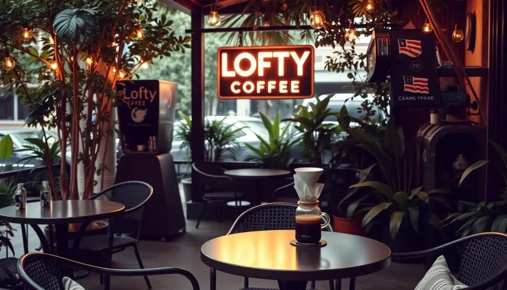 Image of Lofty Coffee's cozy outdoor seating area with a pour-over coffee being prepared.