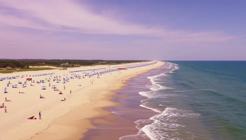 Image of Long Sands Beach in York, Maine, showcasing its expansive shoreline and lively atmosphere.