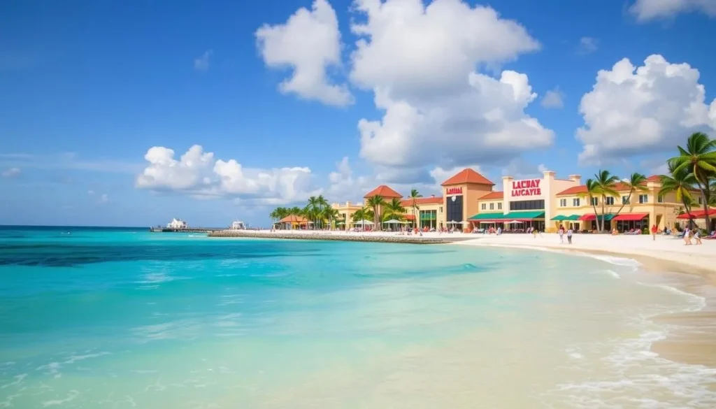 Image of Lucaya Beach with Port Lucaya Marketplace in the background