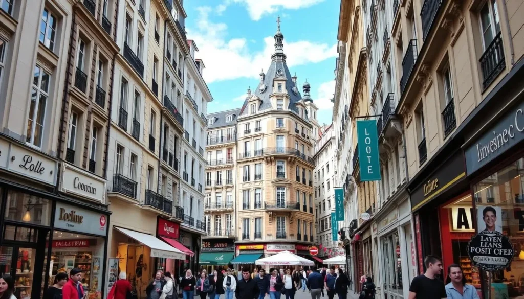 Image of Lyon's shopping district with a mix of modern and traditional stores
