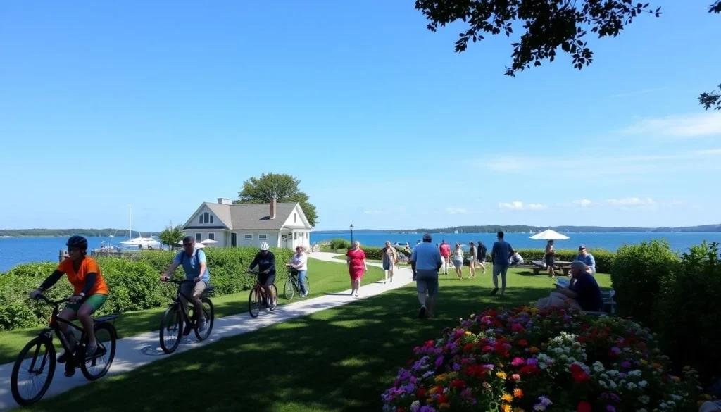 Image of Mackinac Island during summer with people enjoying outdoor activities