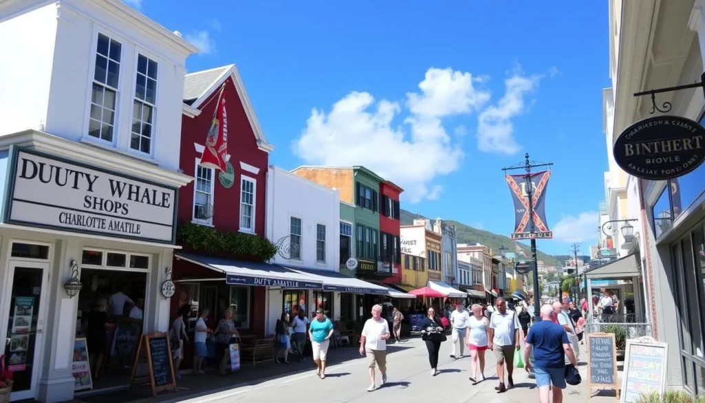 Image of Main Street in Charlotte Amalie, lined with duty-free shops and boutiques