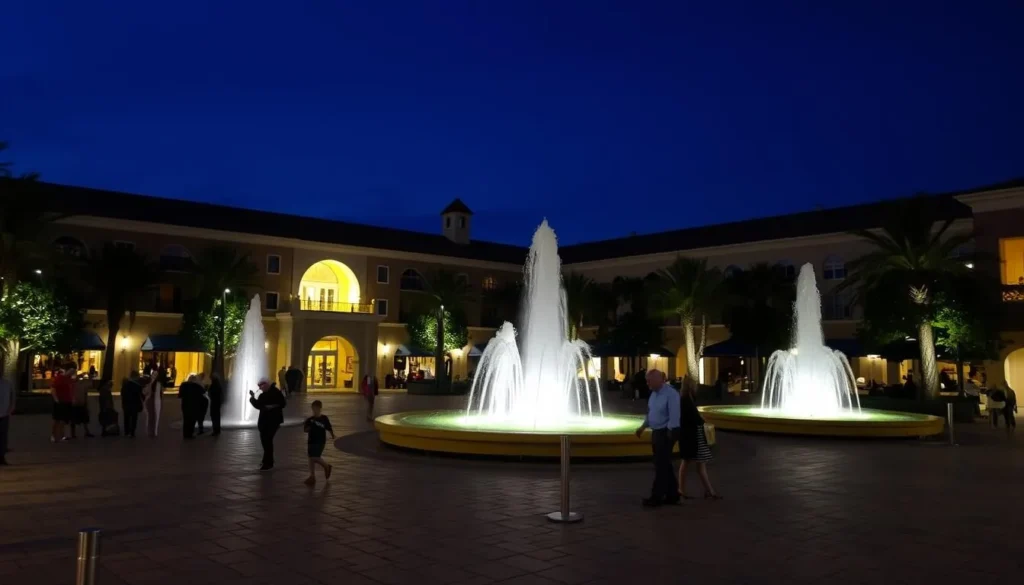 Image of Marco Walk Plaza courtyard at night with fountains and people relaxing