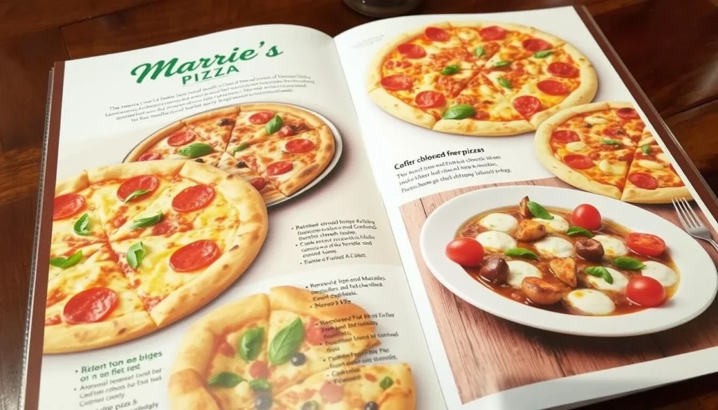 Image of Marie's2 Pizza menu with a variety of pizzas and Italian dishes