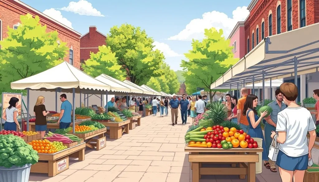 Image of Marietta Square Farmers Market on a sunny day with vibrant produce and happy customers