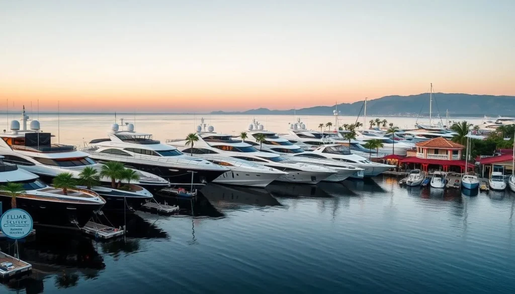 Image of Marina Crescent with luxury yachts and waterfront restaurants