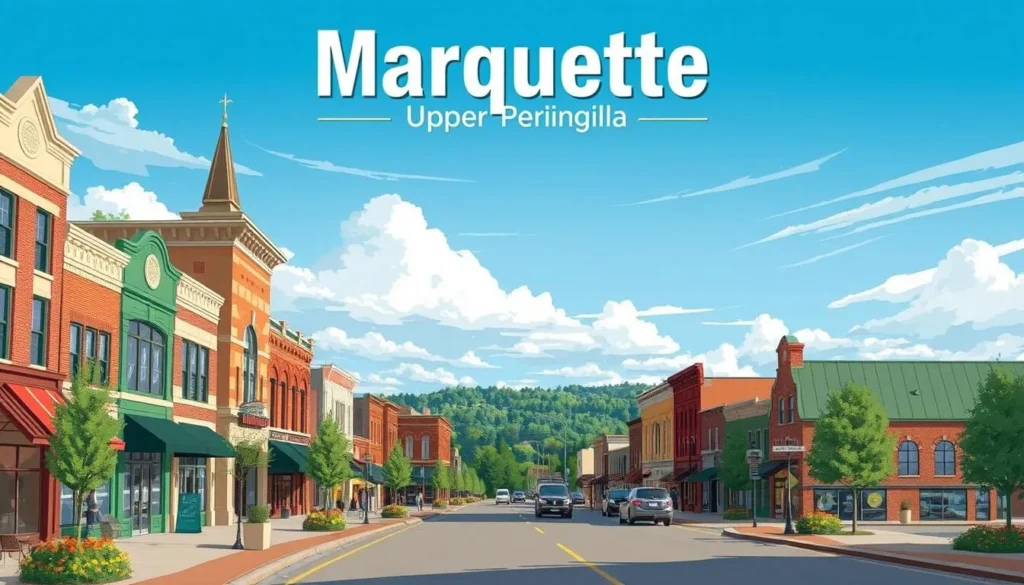 Image of Marquette's downtown area with a scenic Upper Peninsula backdrop