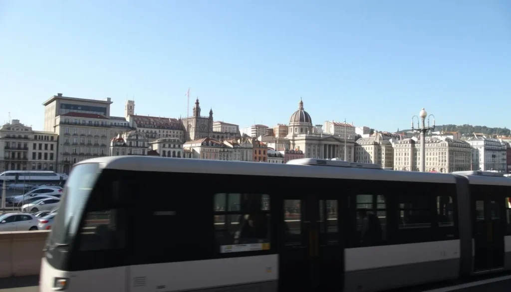 Image of Marseille cityscape with a train or bus in the foreground Image of Marseille cityscape with a train or bus in the foreground