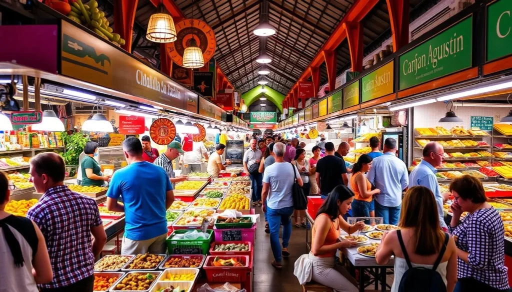 Image of Mercado San Agustin with vibrant food stalls and people enjoying their meals.