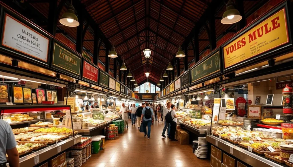 Image of Mercado San Miguel's interior with various food stalls
